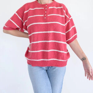 Vintage G.M. Pink Stripe Half Button Half Sleeve Knit Sweater Size  38